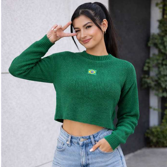 Blusa Cropped Tricô Manga Longa Brasil Feminina Inverno