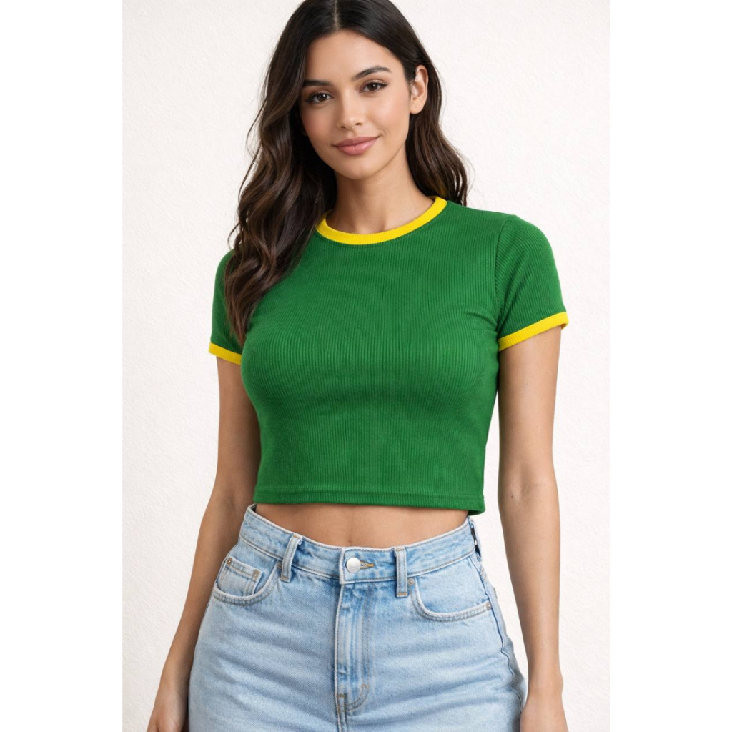 Blusa Curta Cropped Feminino Manga Curta Brasil Copa do Mundo Estilosa Moda Rio de Janeiro Verão Praia 2026