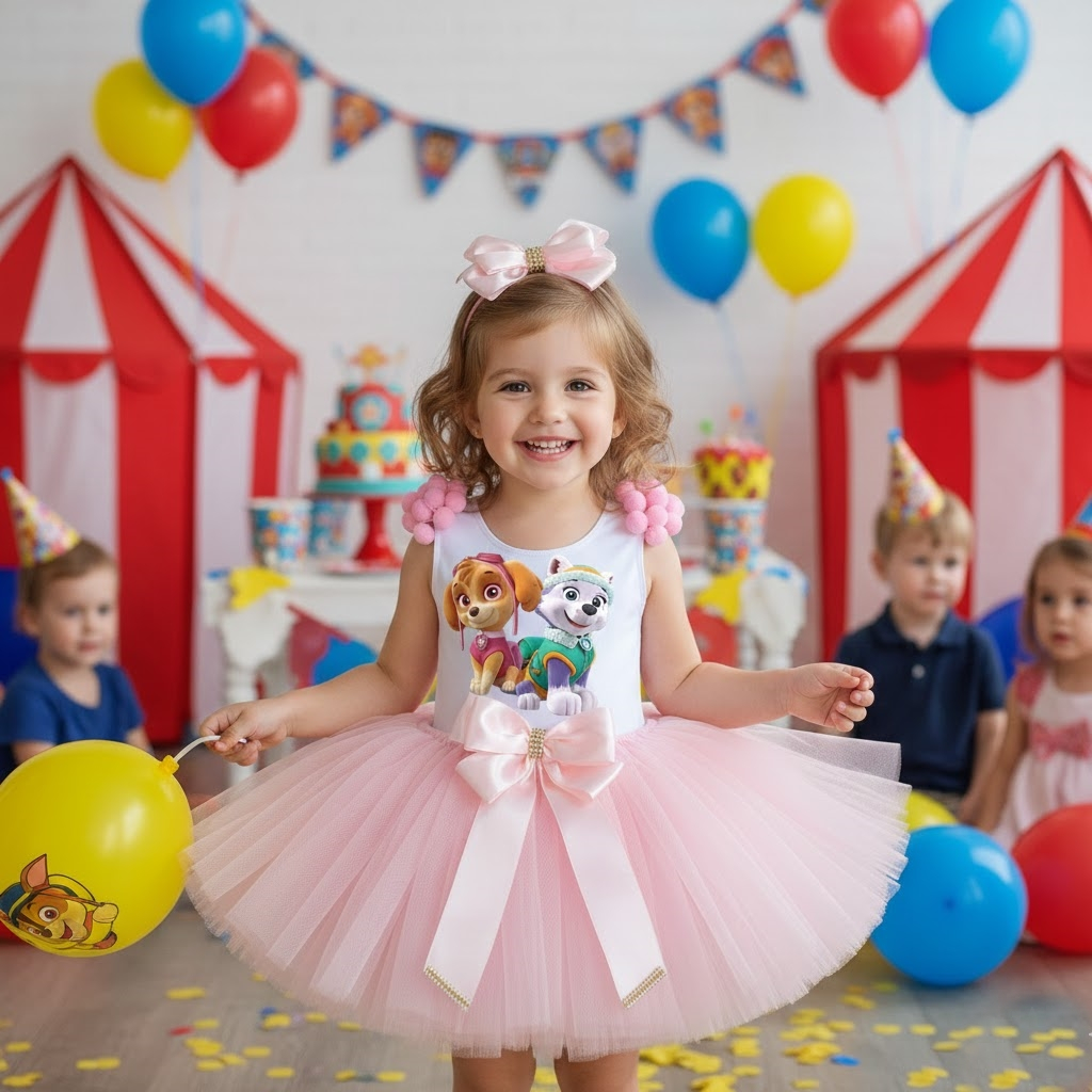 Conjunto Infantil Menina Patrulha Canina Fantasia Festa Aniversário Body Saia de Tutu Skye e Everest