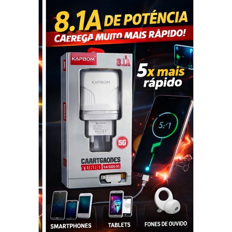Carregador Kapbom Turbo 8.1A 5G | Carregador Rápido USB Alta Potência | KA-5039 | Para Celular e Tablet