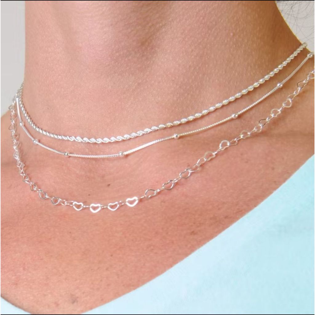 kit 03 Colares Folheados a Prata 925 - elo corda+coração+veneziano c/bolinha em Oferta na Shopee