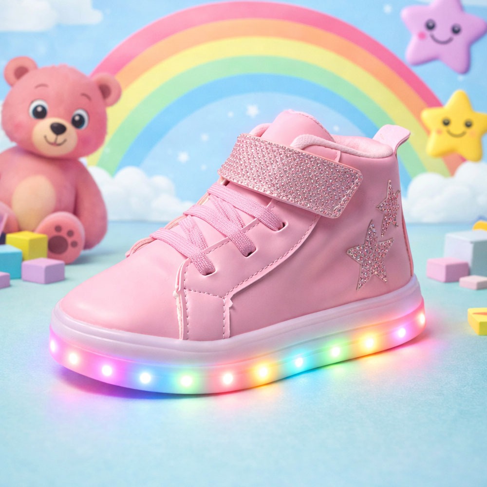 Tenis Bota botinha LED Luz estrela rosa Infantil feminino calcado de Menina pisca Juvenil Promocao