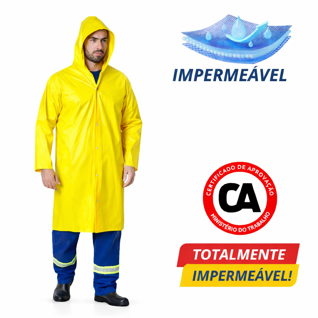 Capa De Chuva Amarela Reforçada Forrada Com Capuz Impermeável Obras M G GG XGG