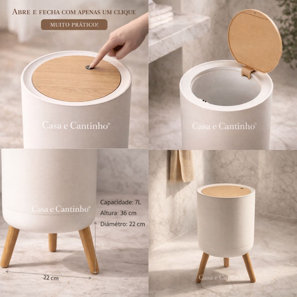 Lixeira Branca De Plástico 7L Com Pés De Bambu Tampa Click De Pressão Cozinha Banheiro Escritório