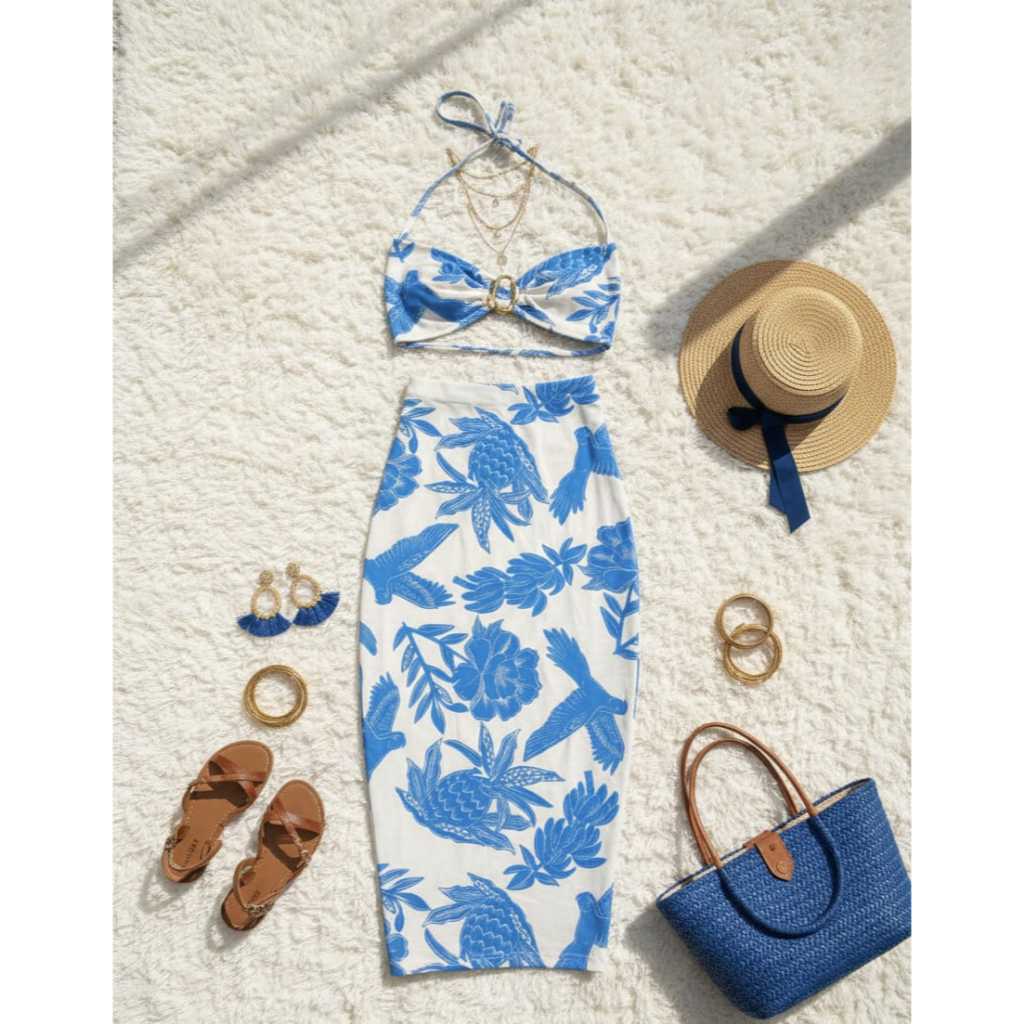 Conjunto Top e Saia Midi  VIRA VESTIDO cropped estampado inspiração Far tendência Moda VERÃO 2026 em Oferta na Shopee