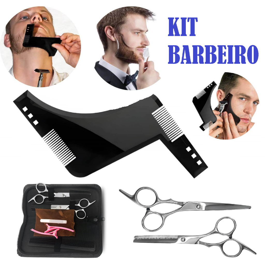 Kit Barbeiro Tesouras Profissional mais Pente Barba Régua Modelador Alinhador Cabelinho na Régua
