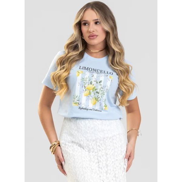 Camiseta Feminina Estampa Limoncello Azul Claro – T-Shirt Casual Moda Verão Confortável e Estilosa