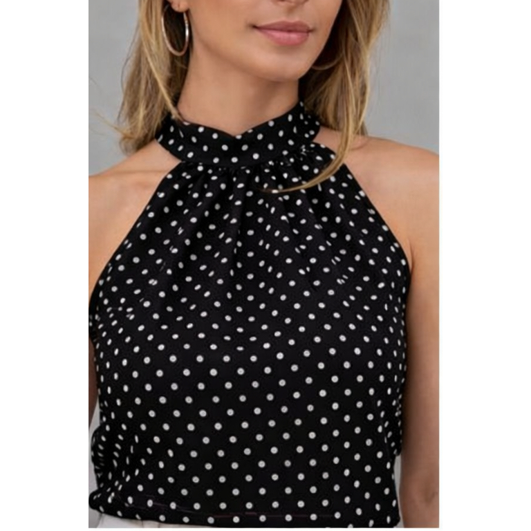 Blusa Feminina Poá Clássica | Gola Alta Chic | Look Elegante Atemporal | Amarração atras