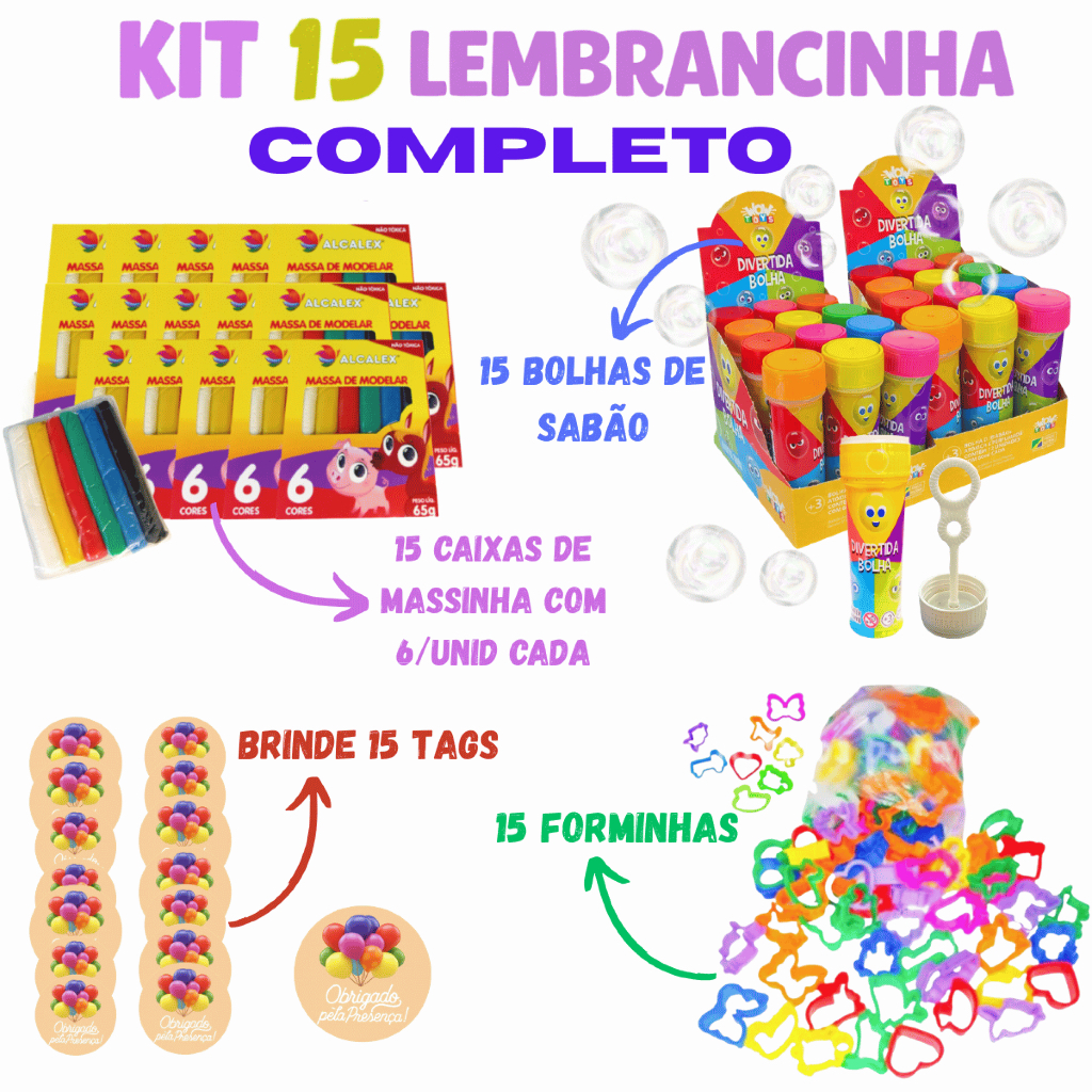 Kit 15 Cx Massinha de Modelar + 15 Bolha de Sabão + 15 Cortador +15 tags lembrancinhas de aniversário infantil festa em Oferta na Shopee