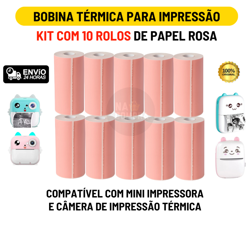 Kit 10 Bobina Térmica 57mm Não Adesivo Rolo Rosa Para Mini Impressora Térmica Portátil