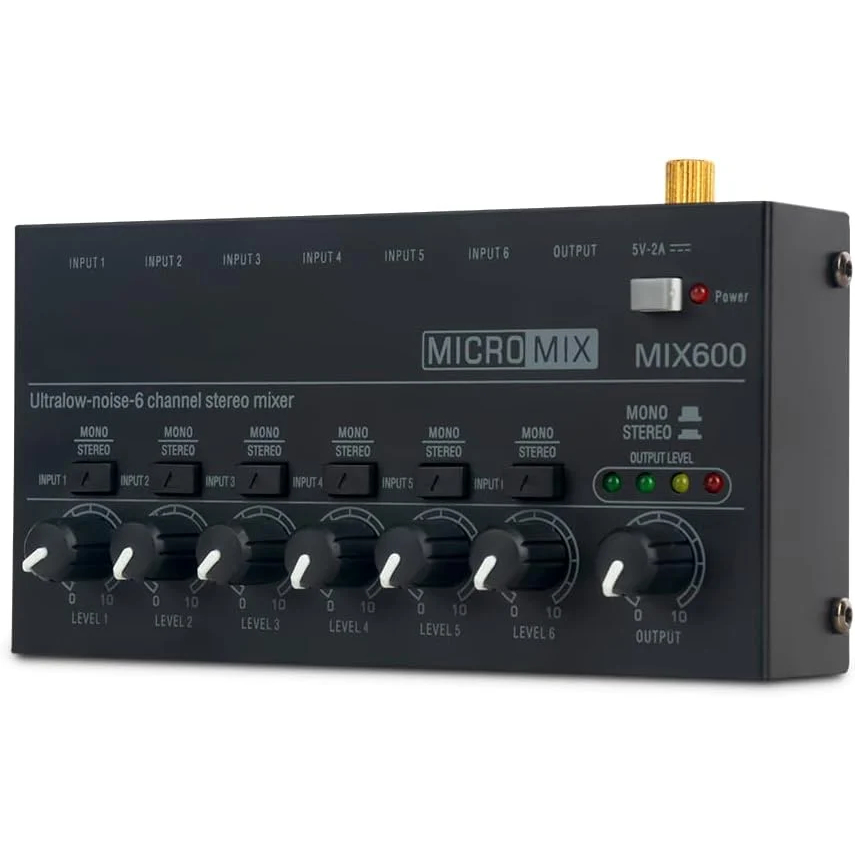 Mini Mixer de Áudio Compacto 6 Canais MIX600 5v Micromix Infla Pro Tech Stereo Mono