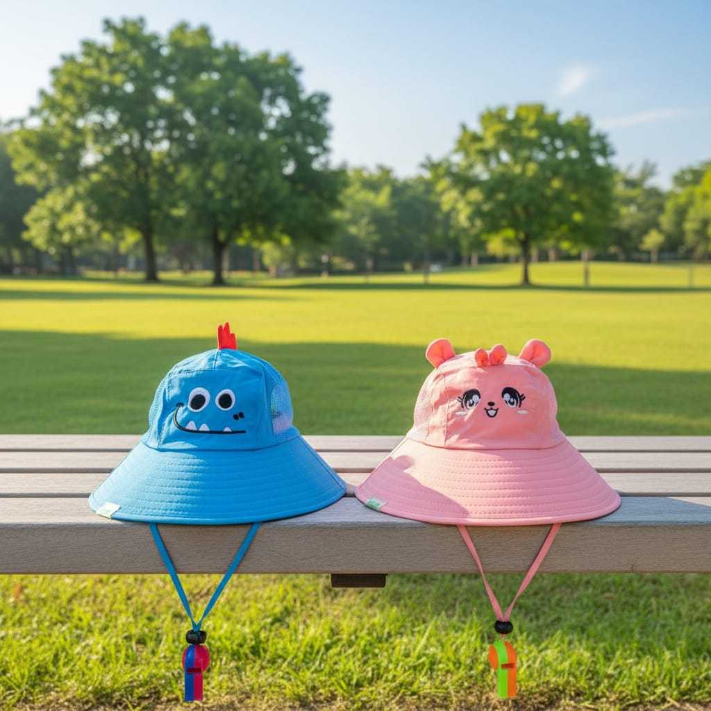 Chapéu Infantil Bucket Hat Boné Protetor Sol Praia Verão Criança Com Apito Azul Rosa