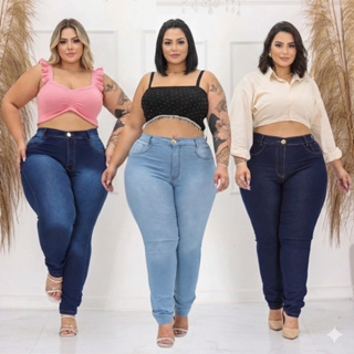 Calça Jeans Plus Size Feminina Skinny com Lycra Cintura Alta Confortável Modela Corpo em Oferta na Shopee
