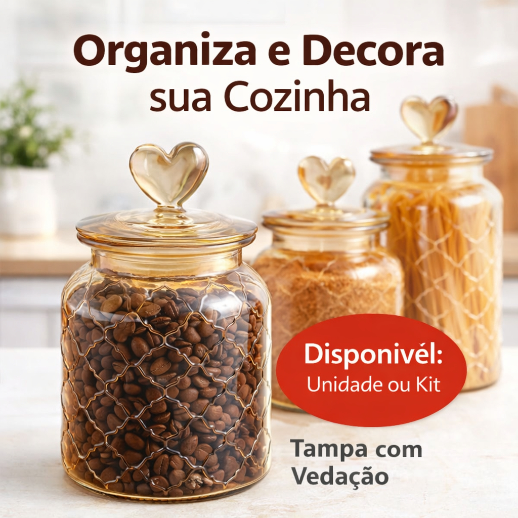 Pote de Vidro Hermético Âmbar Transparente Coração Decor Afeto Porta Mantimentos Decorativo Cozinha
