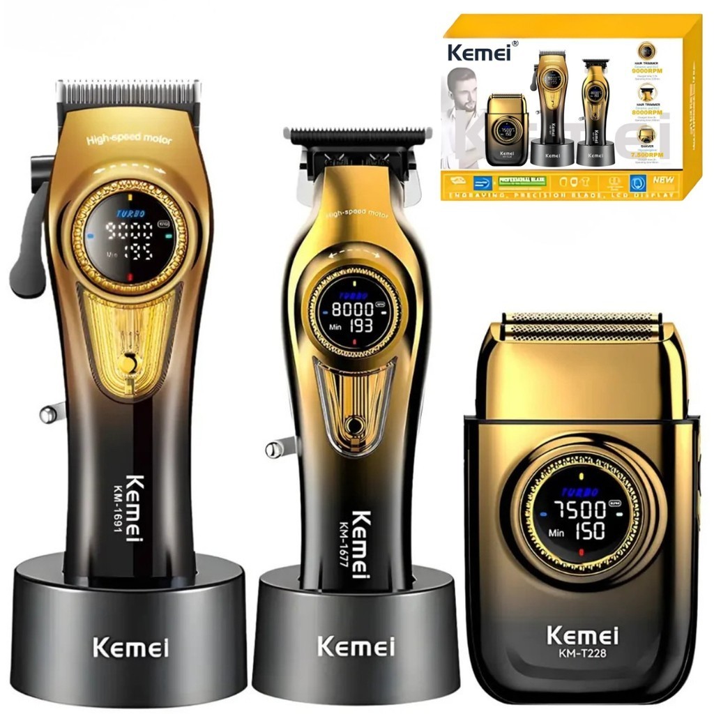 Kemei 8557 Kit Cabeleireiro Profissional Com 3 Maquinas Cabelo Kemei Corte Km 1677, Acabamento Km 1691  e Shaver Km T228
