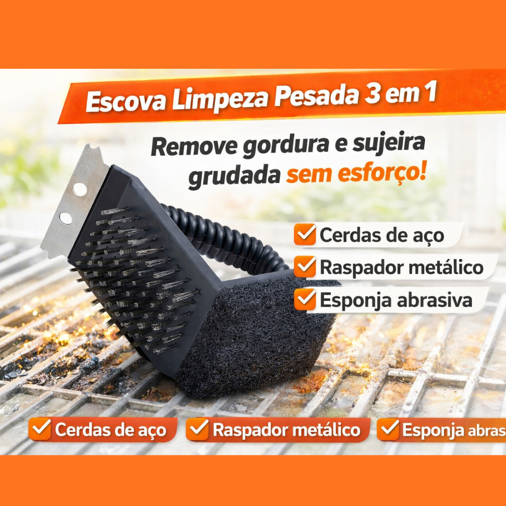 Escova Limpeza Churrasqueira 3 em 1 com Raspador + Cerdas de Aço + Esponja Abrasiva