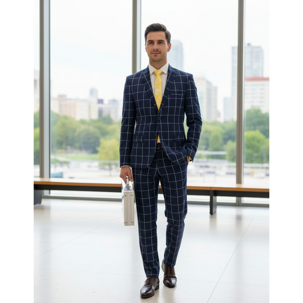 Terno Poliviscose Com Elastano Masculino Cor Azul Com Detalhes Quadriculado Branco Lançamento