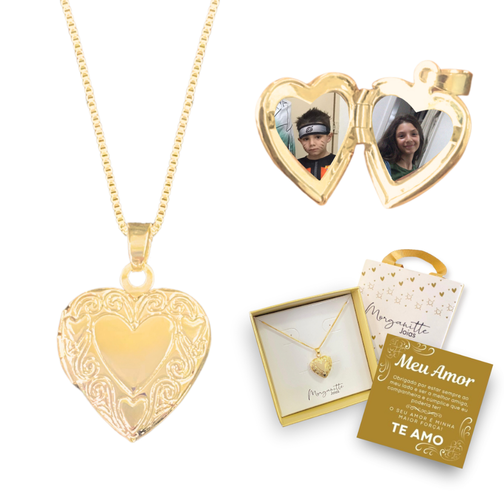 Colar com Fotos Relicário Coração Pequeno Banhado Ouro 18k Presente personalizado em Oferta na Shopee
