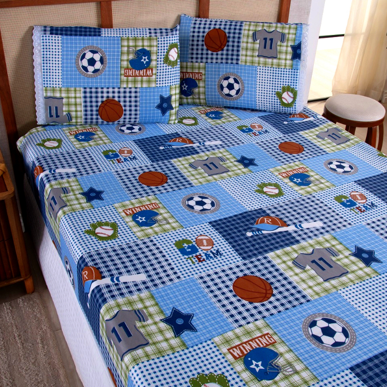 Kit Jogo de Cama Casal 3 Peças Com Elástico Estampa Floral Infantil Geométrico