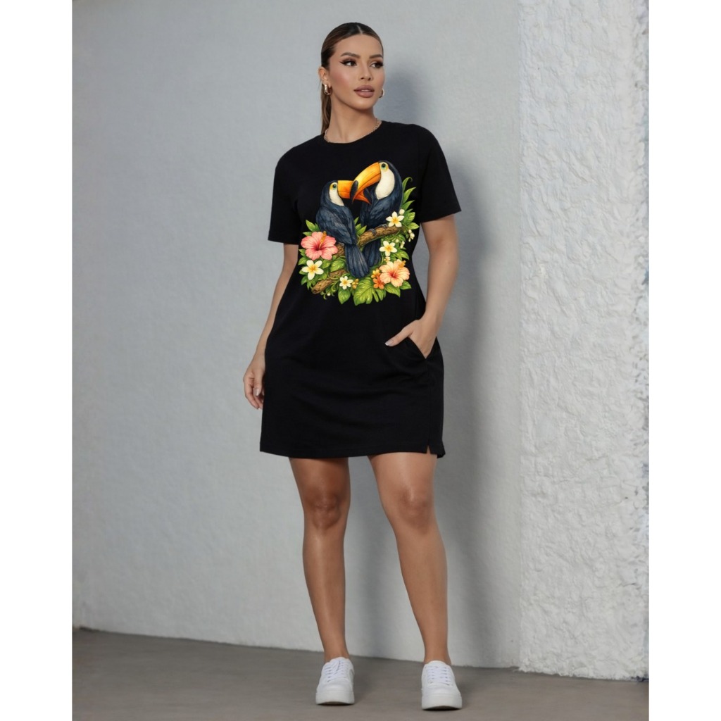Vestido Básico Feminino Algodão Elastano Malha Premium Soltinho Confortável Estampa Floral Tucano Elegante Evangélica