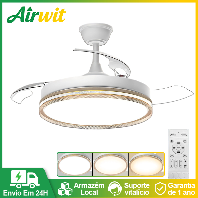 Ventilador de Teto Dourado com Luz LED Controle Remoto Silencioso Pás Retráteis 6 Velocidades em Oferta na Shopee