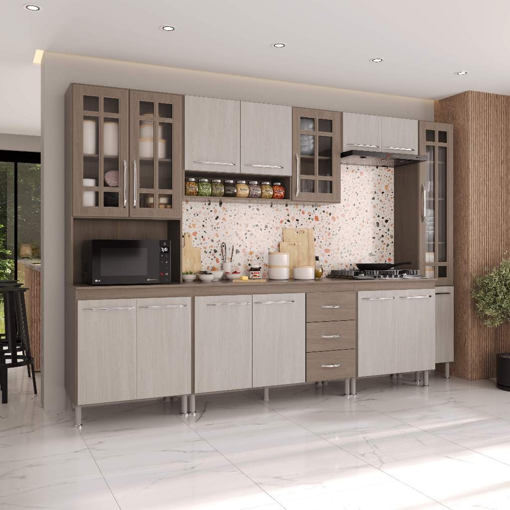 Armário de Cozinha Modulada Completa Fidelitá Paris 6 Peças 295cm 15 Portas 3 Gavetas Com Tampo Nogal/Salinas em Oferta na Shopee