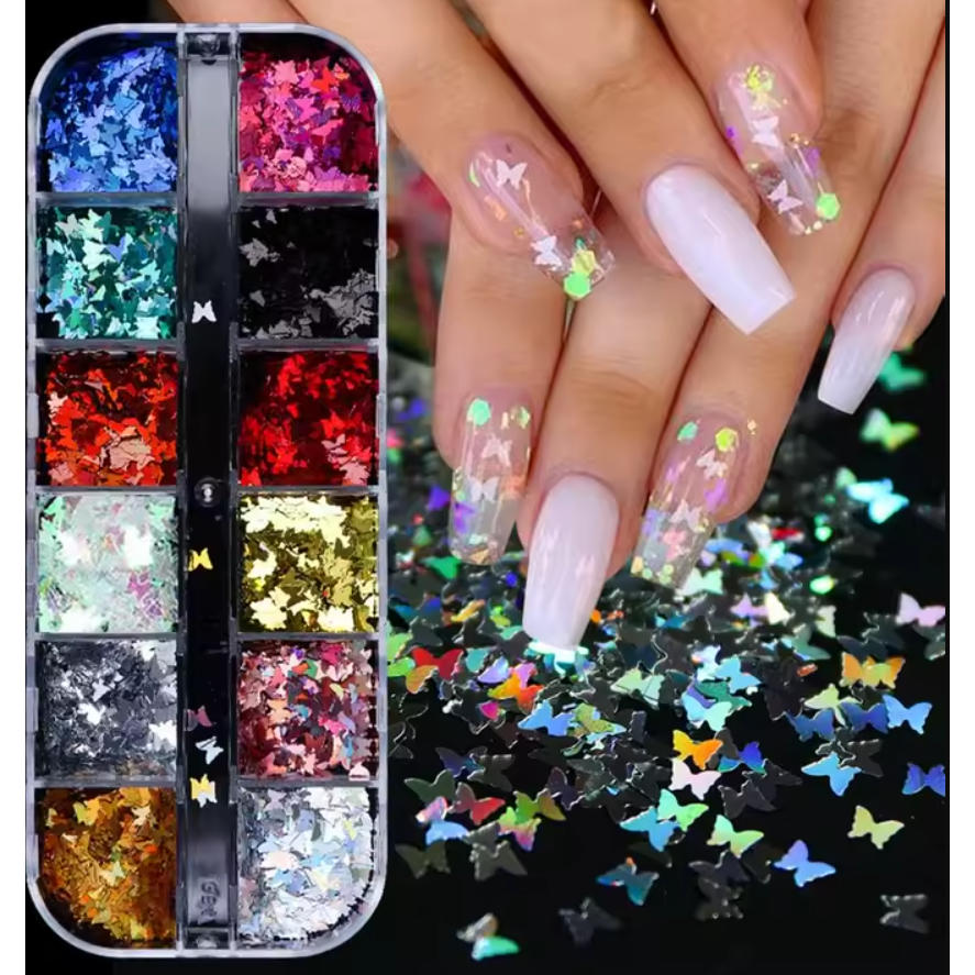 Kit 12 Potinhos Glitter Borboleta Unhas Decoração Porcelana em Oferta na Shopee