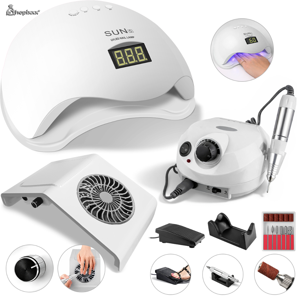 Kit Cabine Sun 5 48w + Lixadeira De Unha Motor Porquinho + Aspirador Sugador Coletor De Po Unhas Manicure Gel Acrigel