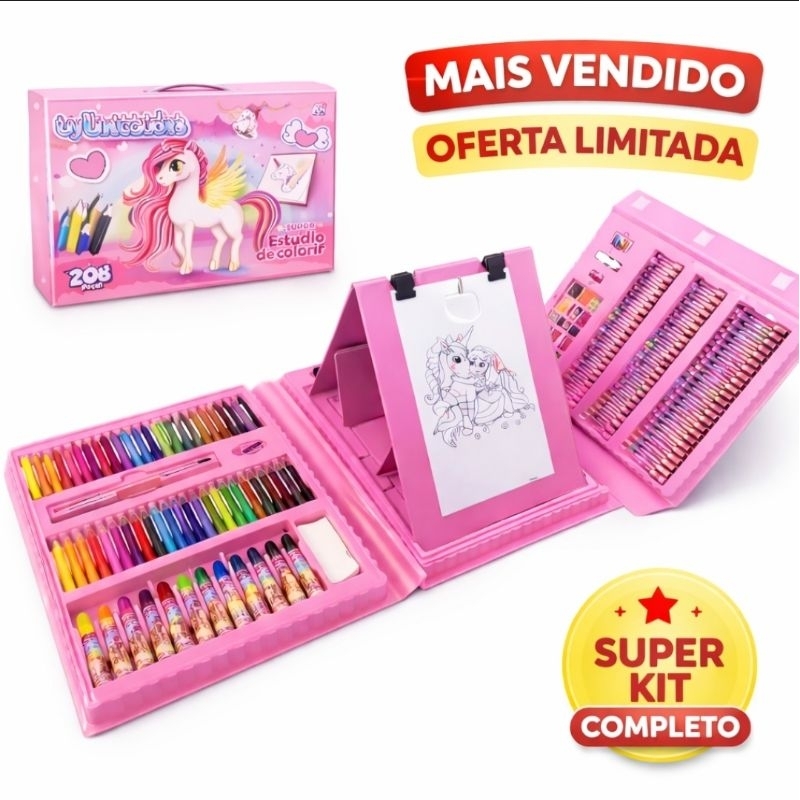 Super Kit Pintura Unicórnio 208 Peças Maleta Artística Infantil Lápis Canetinha Giz de Cera em Oferta na Shopee