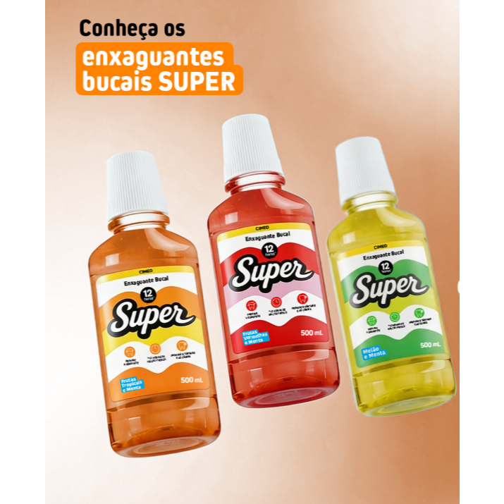 Enxaguante Bucal Super 12h Frutas Vermelhas e Menta, Frutas Tropicais e Menta e Melão e Menta  500ml