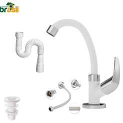 Kit Torneira Pia Lavatório Banheiro ABS Bica Alta Sifão Engate Inox 40cm Válvula 7/8 1198
