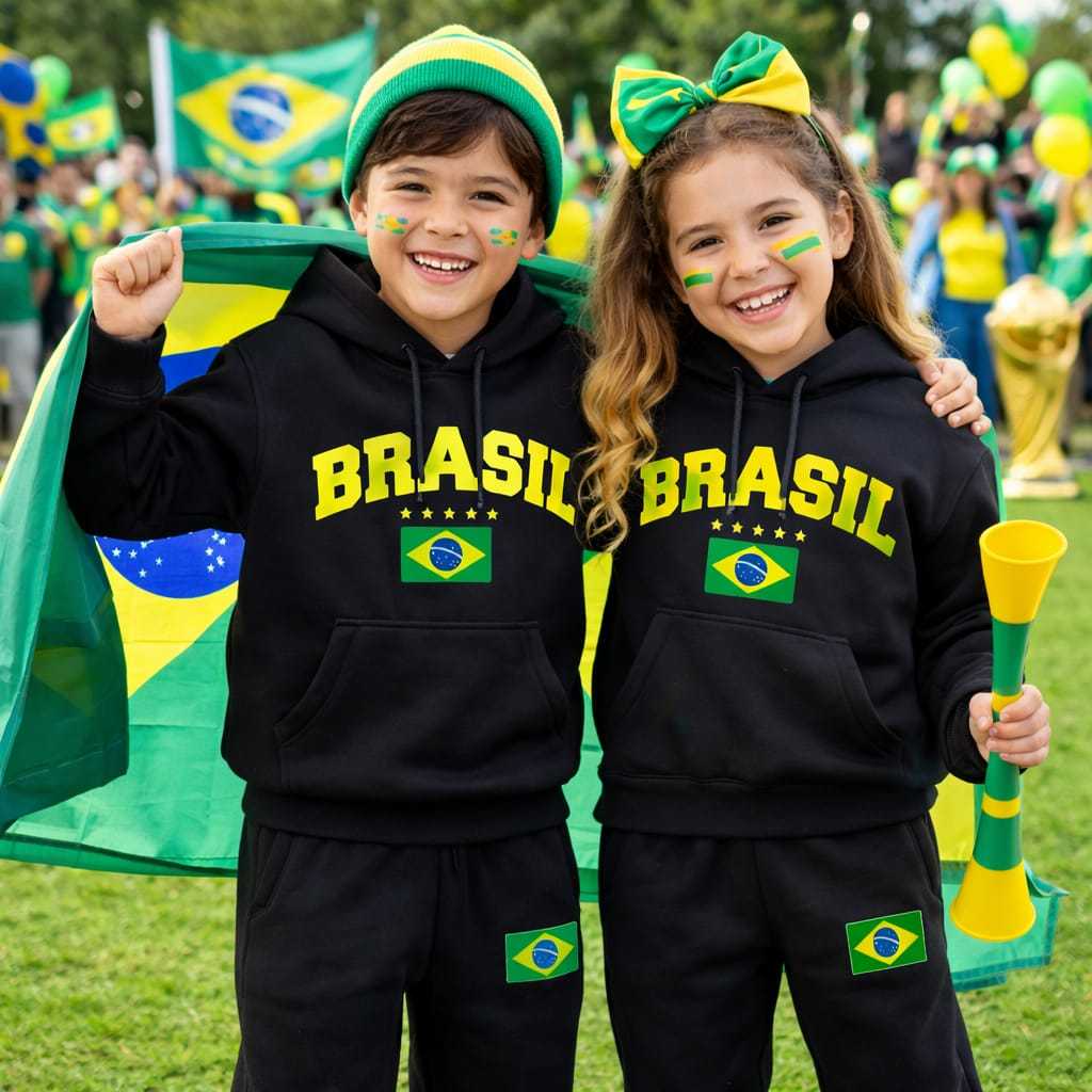 Conjunto de Moletom Infantil Blusa e Calça Abrigo Inverno Estampado Brasil Copa Do Mundo