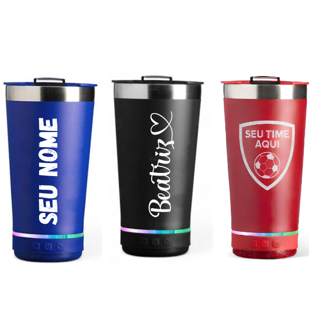 Copo Térmico Com Som Bluetooth Seu Nome Time Personalizado Com Tampa e Abridor 473ml