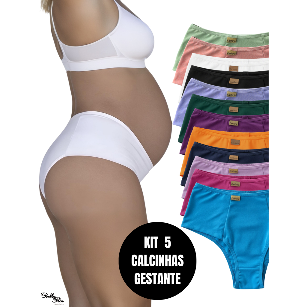 Kit 5 ou 3 Calcinhas Cintura Alta Gestante SUSTENTAÇÃO REFORÇADA Pós Parto Lingerie Forro 100% Algodão em Oferta na Shopee
