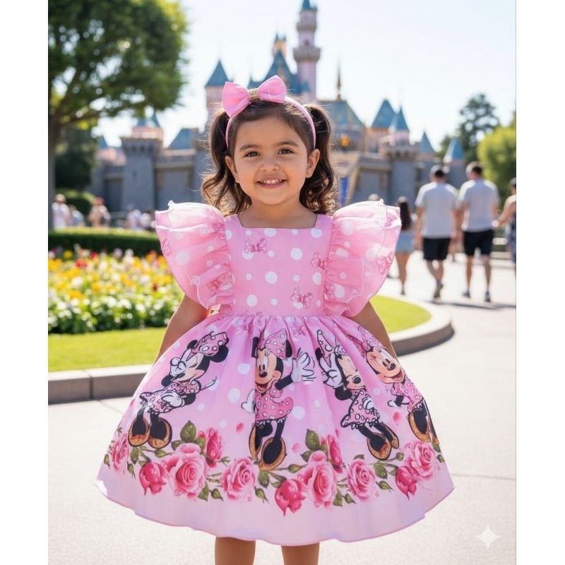 Vestido Minnie Minie Rosa festa infantil temático aniversário luxo midi