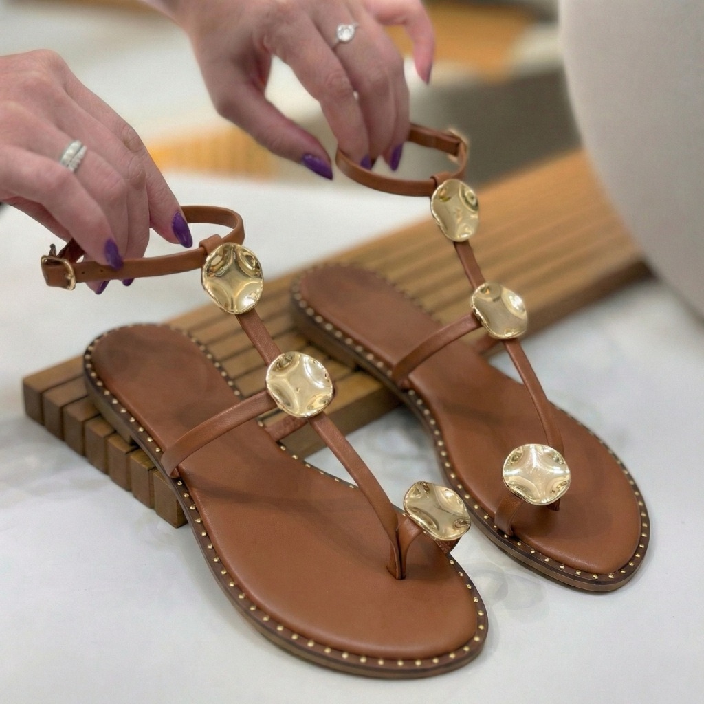Sandália Feminina Rasteira Casual com Tiras Finas e Detalhes Modernos