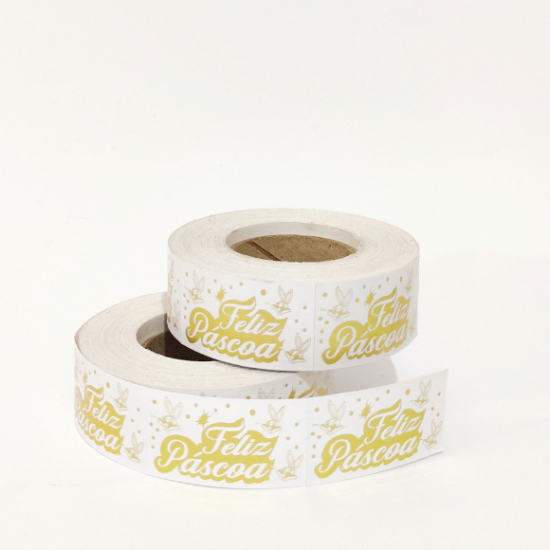 Adesivo Feliz Páscoa com Hot Stamping Dourado- Rolo com 500 unidades em Oferta na Shopee