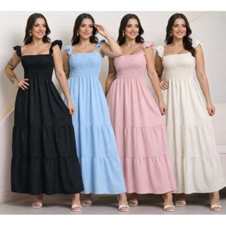 vestido  alça babada longo em Oferta na Shopee