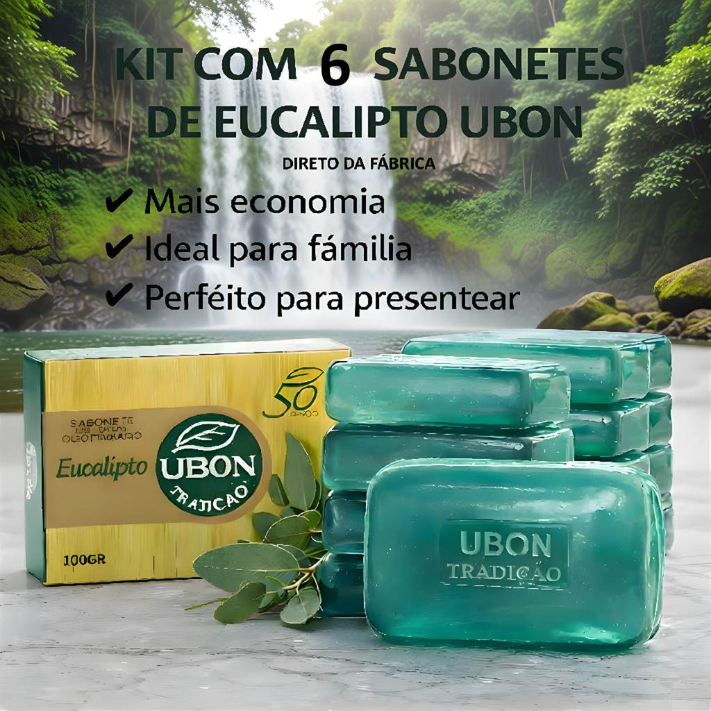 Sabonete Glicerinado kit com 6 Unid Natural Eucalípto em Barra Ubon  com Oleos Essenciais Umectantes