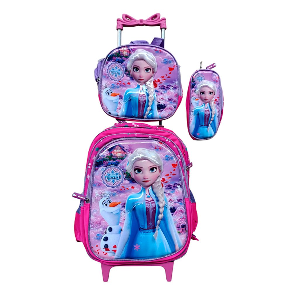 Kit Mochila da Frozen com Rodinhas Infantil em 3D Alto Releevo + lancheira Térmica + Estojo Escolar