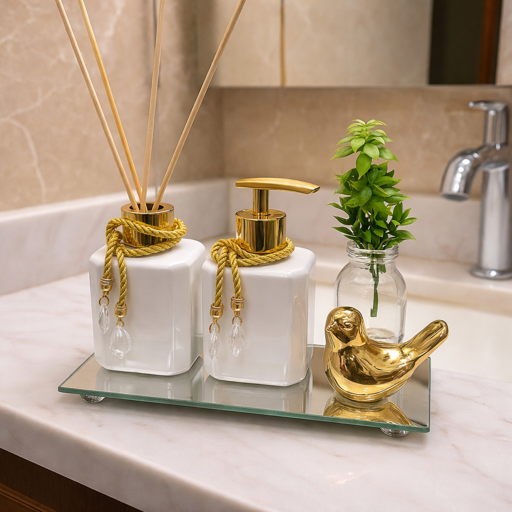 Kit Banheiro Completo Frasco Pet 200ml Aromatizador e Saboneteira Com Bandeja Vaso Planta e Passarinho em Oferta na Shopee