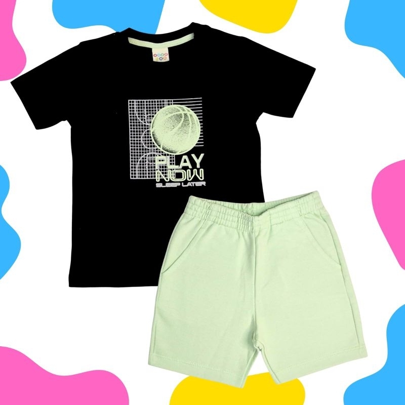 Conjunto Infantil Masculino Have Fun Play Now –Camiseta Preta estampada + Shorts Verde Moletinho Confortável.