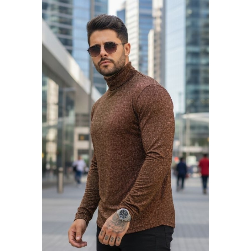 Blusa cacharel lurex brilho metálico gola alta tendência outono inverno
