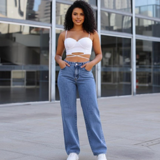 Calça Jeans Feminina Wide Leg Marmorizada Cintura Alta 100% Algodão Premium em Oferta na Shopee