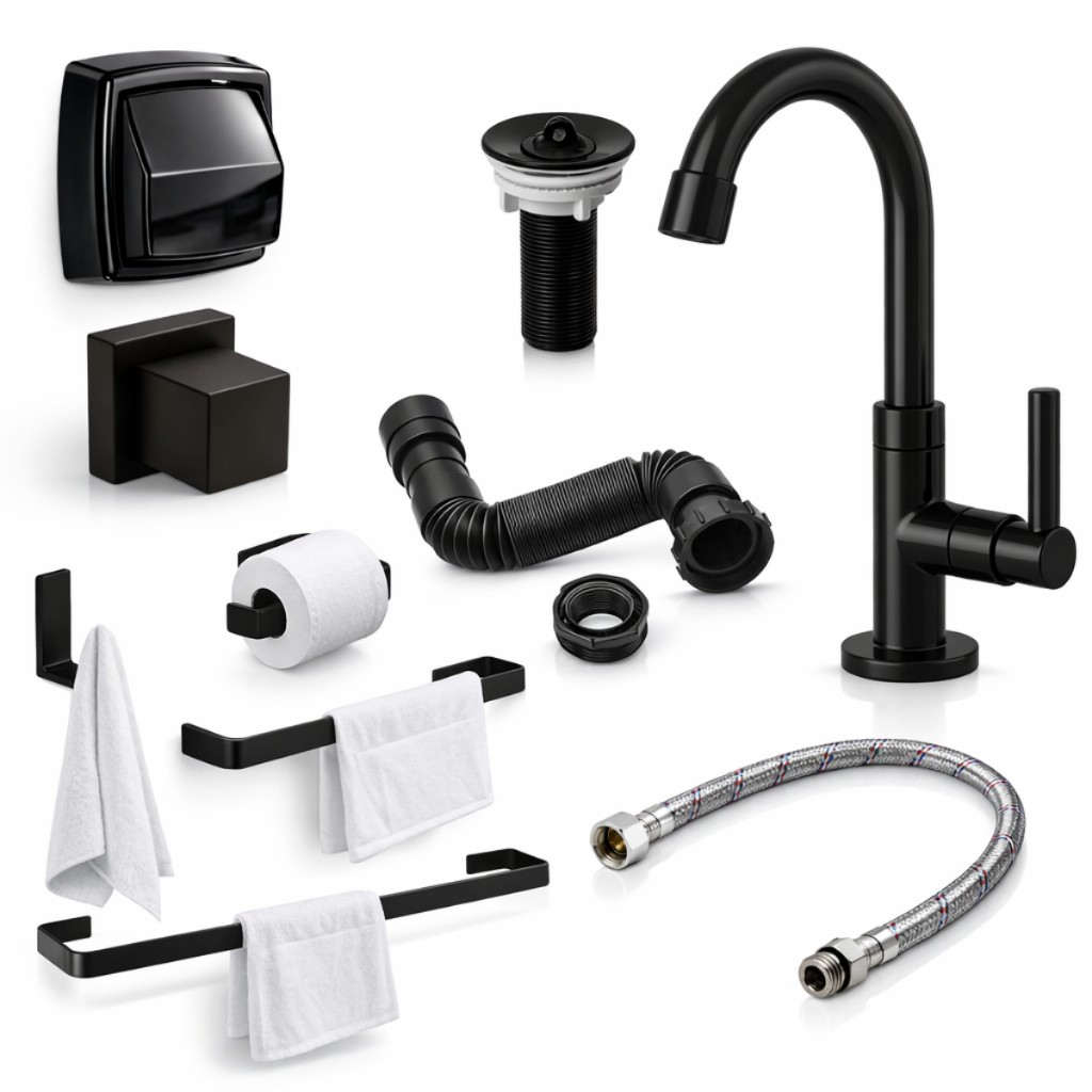 Kit Banheiro Preto Completo Torneira Lavabo + 4Pçs + Sifão + Engate 40cm + Válvula + Acab Registro + Valvula De Descarga em Oferta na Shopee