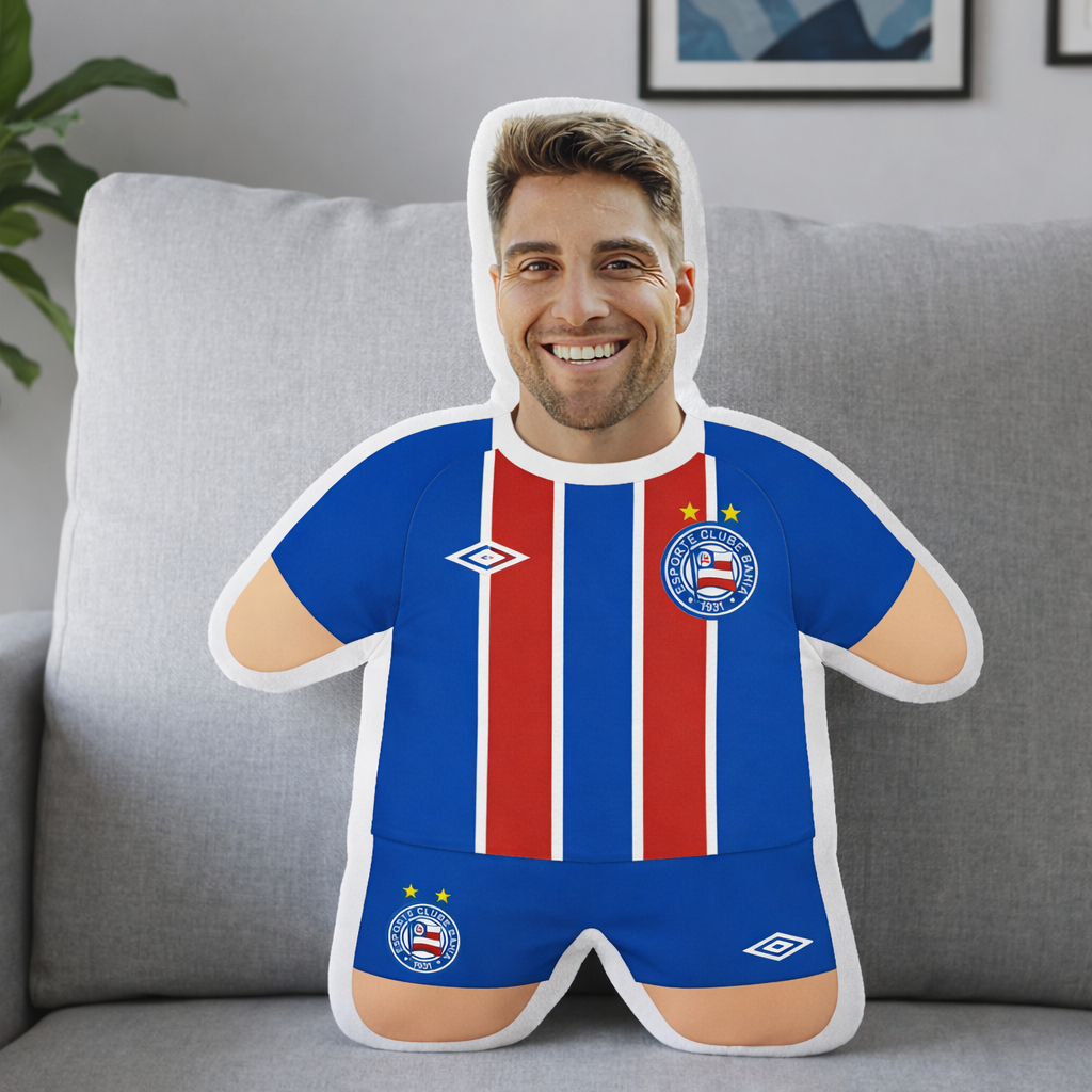 Almofada Personalizada Forma de Corpo Uniforme Bahia Com Seu Rosto Futebol