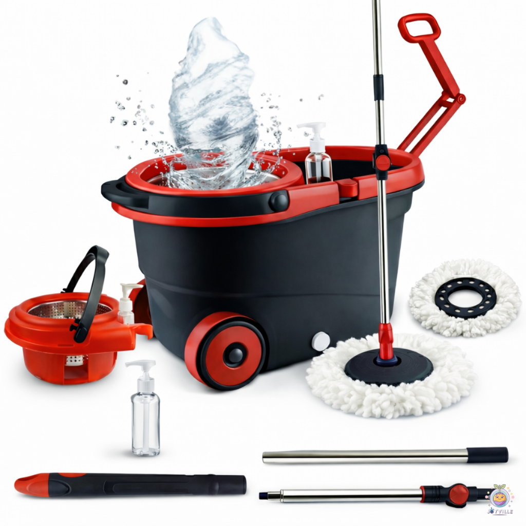 Mop Giratório 360 com Balde Rodas + Reservatório de Sabão Cesto Inox + Refil Extra Microfibra