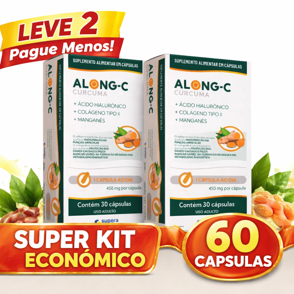 Kit 2 Along-C Cúrcuma 60 Cápsulas Colágeno Tipo II + Ácido Hialurônico