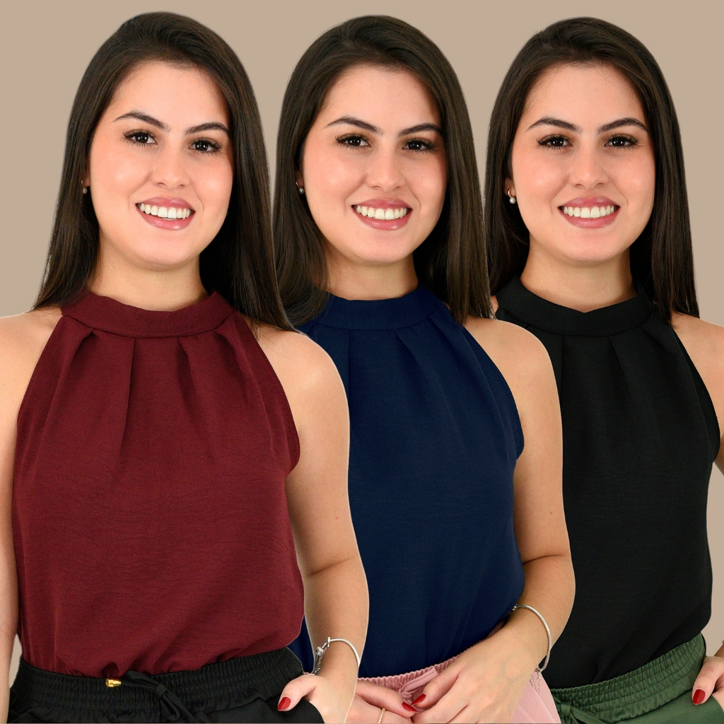 Kit 3 Blusas Feminina Social Gola Alta Tecido Dunas Elegante