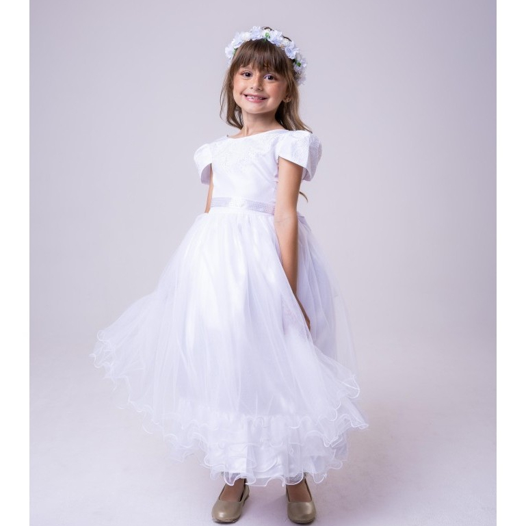 Vestido Infantil Enjoy Longo Branco Babadinho Comunhão Batizado Formatura – Tam 1 a 16